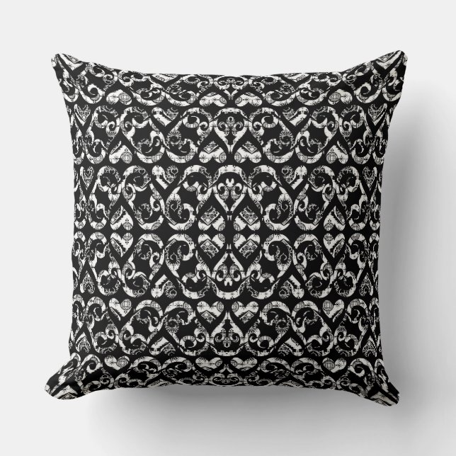 Cute black white vintage hearts design throw pillow (Front)