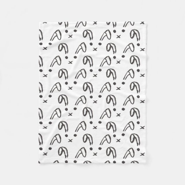 Cute black white watercolor hand drawn bunny fleece blanket (Front)
