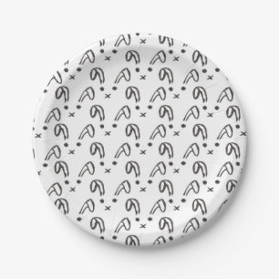 Cute black white watercolor hand drawn bunny paper plate