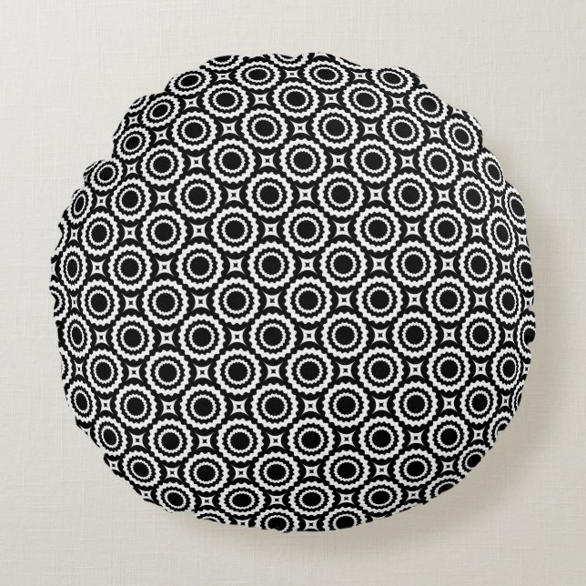 Cute black white zigzag circles design round pillow (Front)