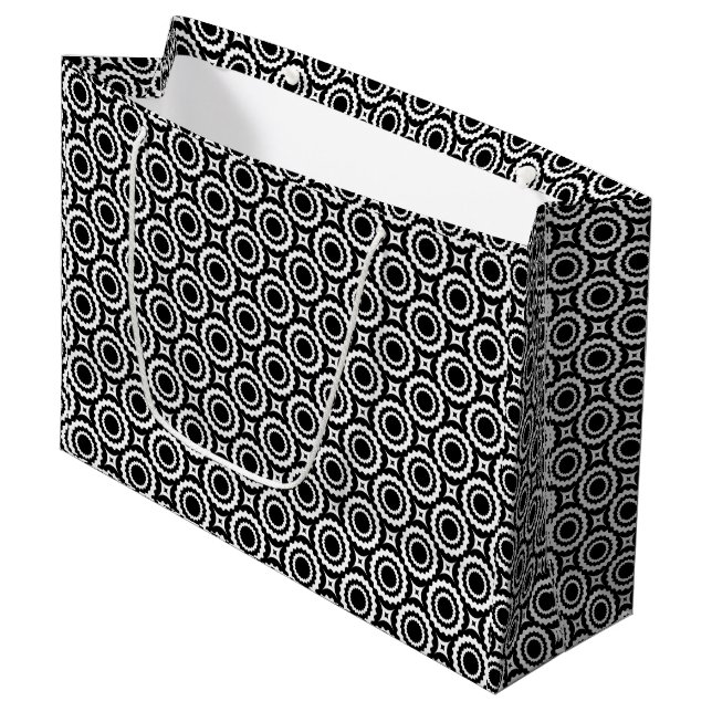 Cute black white zigzag circles pattern large gift bag (Front Angled)