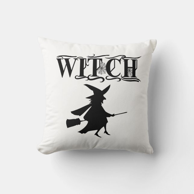 Cute Black Wicked Flying Witch Halloween Throw Pillow (Front)