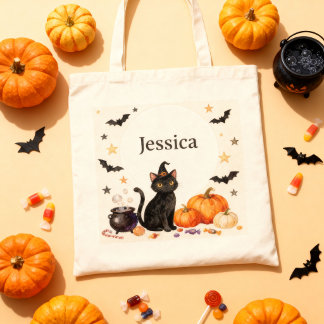 Cute Black Witch Cat Halloween Trick or Treat Kids Tote Bag