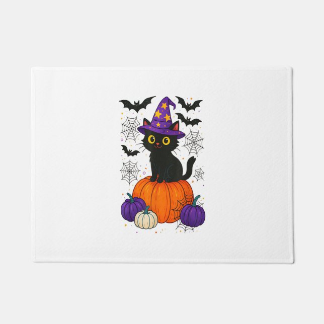 Cute Black Witch Cat Pumpkin Halloween Costume Fal Doormat (Front)