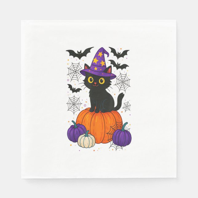 Cute Black Witch Cat Pumpkin Halloween Costume Fal Napkin (Front)