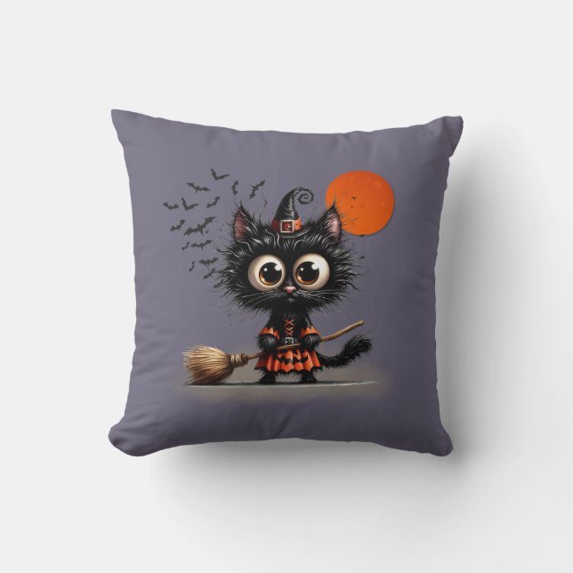 Cute Black Witch Kitten Halloween Throw Pillow (Front)