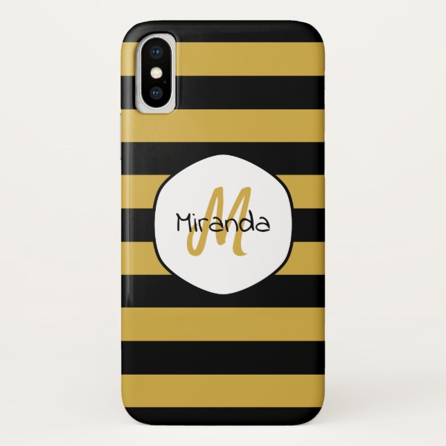 Cute Black Yellow Bee Stripes Name and Monogram Case-Mate iPhone Case (Back)
