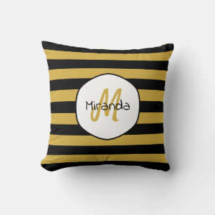 Cute Black Yellow Bee Stripes Name and Monogram Throw Pillow