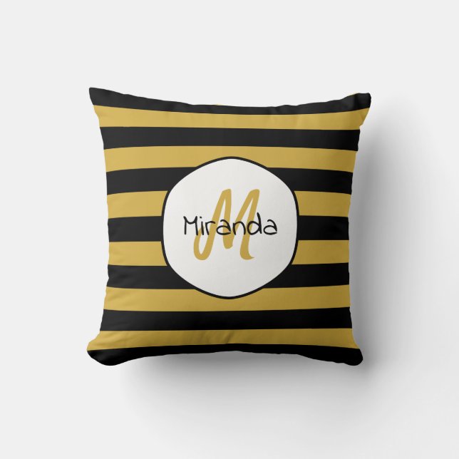 Cute Black Yellow Bee Stripes Name and Monogram Throw Pillow (Front)