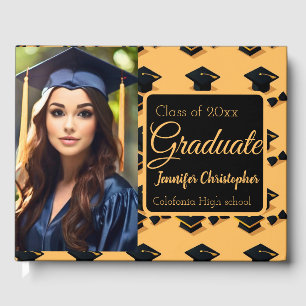 Cute black & Yellow Graduation Cap pattern Photo Guest Book