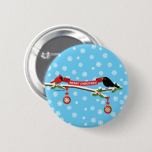 Cute Blackbird And Cardinal On Branch - MERRY XMAS 2 Inch Round Button