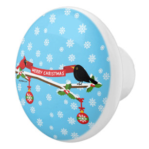 Cute Blackbird And Cardinal On Branch - MERRY XMAS Ceramic Knob