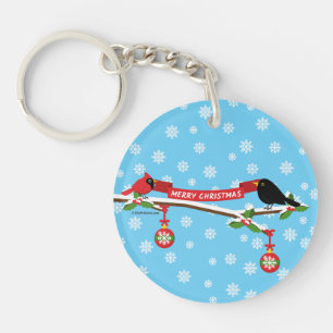 Cute Blackbird And Cardinal On Branch - MERRY XMAS Keychain