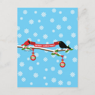 Cute Blackbird And Cardinal On Branch - MERRY XMAS Postcard