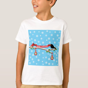 Cute Blackbird And Cardinal On Branch - MERRY XMAS T-Shirt