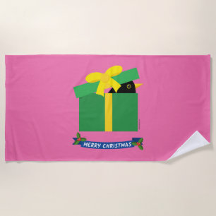 Cute Blackbird Peeking Out Of A Gift Box Beach Towel