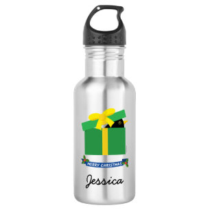 Cute Blackbird Peeking Out Of Gift Box Custom Name 532 Ml Water Bottle