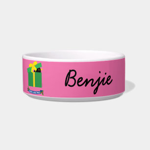 Cute Blackbird Peeking Out Of Gift Box Custom Name Bowl