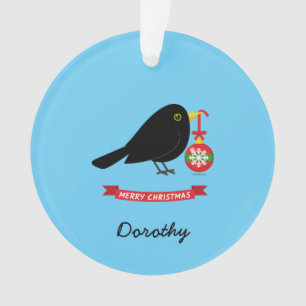 Cute Blackbird With A Christmas Ball Custom Name Ornament