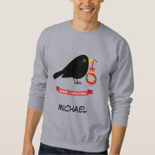 Cute Blackbird With A Christmas Ball Custom Name Sweatshirt