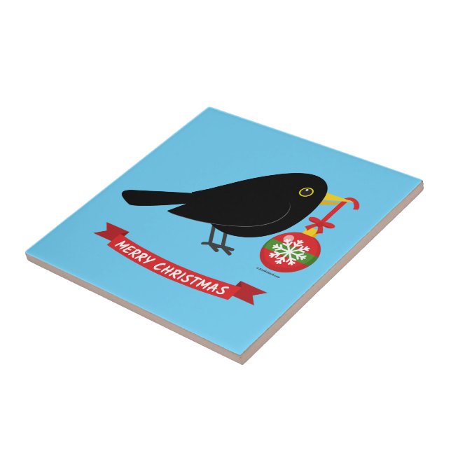 Cute Blackbird With A Christmas Ball Tile (Side)