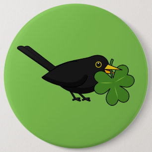 Cute Blackbird with Shamrock Clover Cartoon 6 Inch Round Button