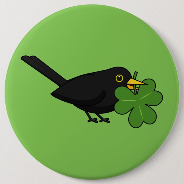Cute Blackbird with Shamrock Clover Cartoon 6 Inch Round Button (Front)