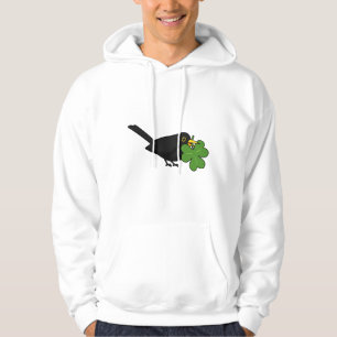 Cute Blackbird with Shamrock Clover Cartoon Hoodie