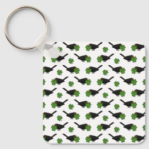 Cute Blackbird with Shamrock Clover Cartoon Keychain