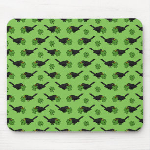 Cute Blackbird with Shamrock Clover Cartoon Mouse Pad