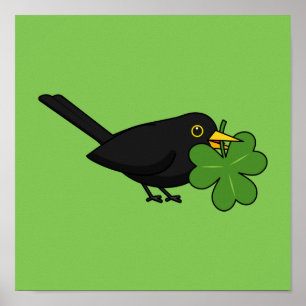 Cute Blackbird with Shamrock Clover Cartoon Poster