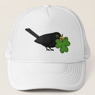 Cute Blackbird with Shamrock Clover Cartoon Trucker Hat