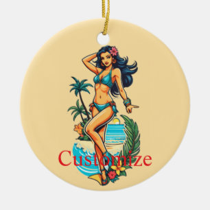 Cute Blackhaired Bikini Beach Girl Thunder_Cove Ceramic Ornament