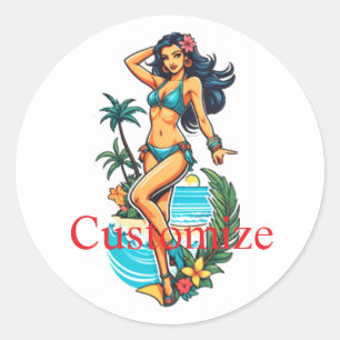 Cute Blackhaired Bikini Beach Girl Thunder_Cove Classic Round Sticker