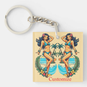 Cute Blackhaired Bikini Beach Girl Thunder_Cove Keychain