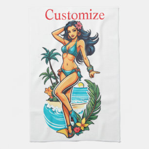 Cute Blackhaired Bikini Beach Girl Thunder_Cove Kitchen Towel
