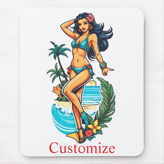 Cute Blackhaired Bikini Beach Girl Thunder_Cove Mouse Pad (Front)