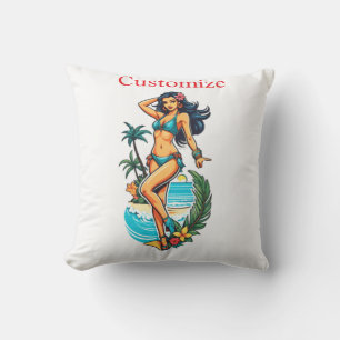 Cute Blackhaired Bikini Beach Girl Thunder_Cove Throw Pillow