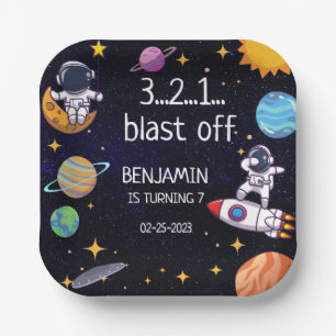 Cute Blast Off Theme Any Age Birthday Paper Plate