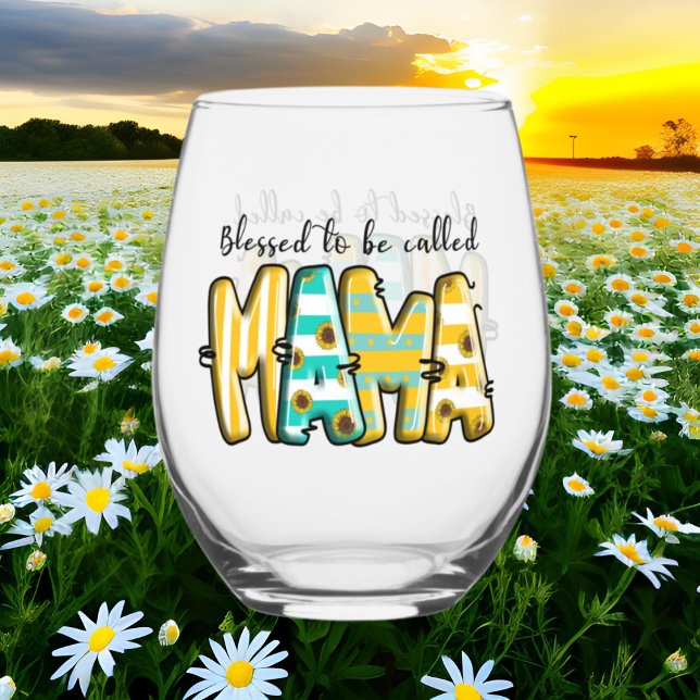Cute blessed Mama word art Stemless Wine Glass (Creator Uploaded)