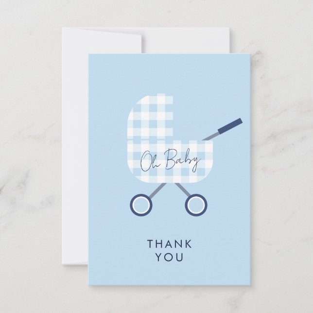 Cute bleu En vichy Pram Baby shower Merci (Devant)