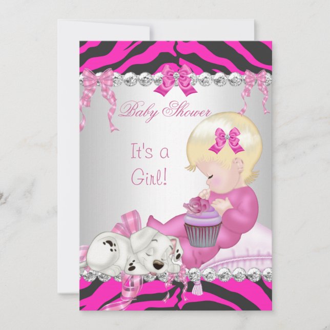Cute Blonde Baby Shower Girl Pink Zebra Cupcake Invitation (Front)