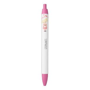 Cute Blonde Birthday Girl and Puppy Black Ink Pen