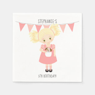 Cute Blonde Birthday Girl and Puppy Napkin