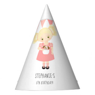 Cute Blonde Birthday Girl and Puppy Party Hat