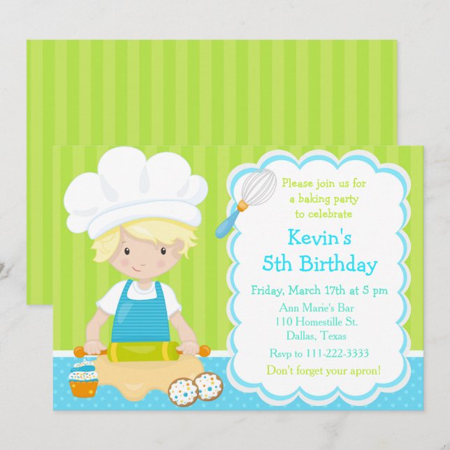 Cute Blonde Boy Baking Birthday Party Invitation (Front/Back)