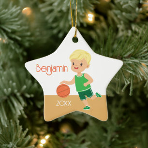 Cute Blonde Boy Basketball Personalized Christmas Ceramic Ornament