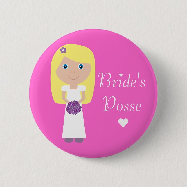Cute Blonde Cartoon Bride's Posse Bachelorette 2 Inch Round Button (Front)