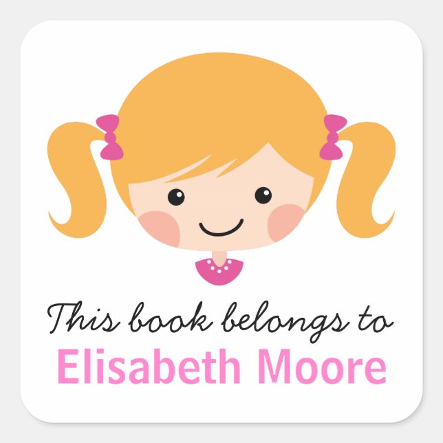 Cute blonde cartoon girl personalised bookplate square sticker (Front)