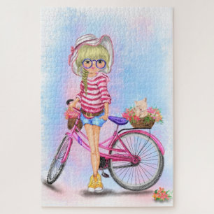 Cute Blonde Girl and Pink Bike Fun Cat in Flowers Jigsaw Puzzle